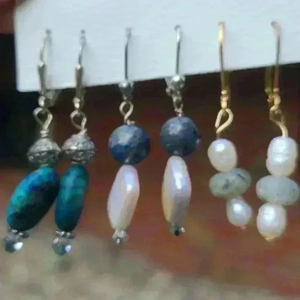 Vintage artisan handcrafted Dangl stones mothers of pearl turquoise earrings lot - Picture 7 of 12
